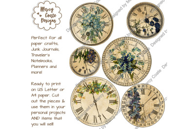Vintage Floral Clocks (blue flowers) Ephemera Collage Sheet