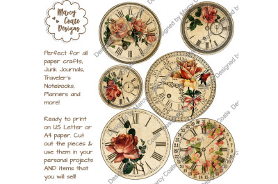 Vintage Floral Clocks (pink flowers) Ephemera Collage Sheet