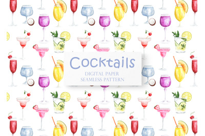 Cocktails seamless pattern, digital paper. Mojito. Alcoholic cocktail.
