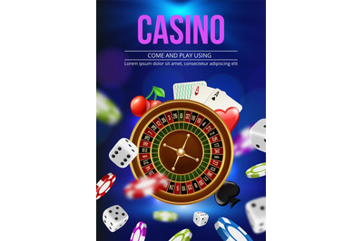 Casino poster. Promotional ads placard with gambling roulette dice and