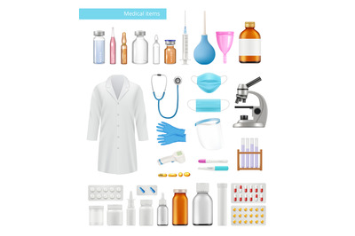 Medical items. Accessory for doctors clothes ampoules syringes dressin