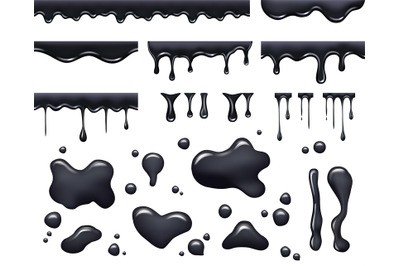 Black drops. Petroleum oil realistic templates black paint liquid blot