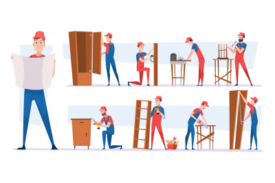 Carpenter workers. Handyman characters installing modern wooden furnit