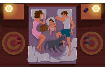 Family couple sleeping. Bedroom in night top view sleeps characters mo