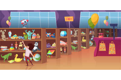 Toy store. Interior of game store for kids happy children select diffe