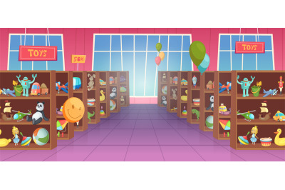 Toys for kids. Shelves in game store interior different toys for happy