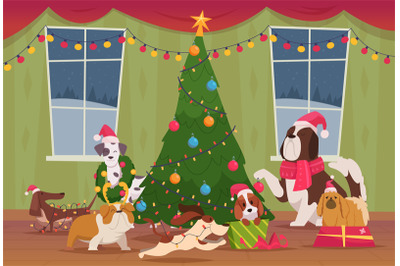 Christmas background. Cute funny animals dogs preparing to new year de