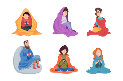 People under blanket. Covered person couples and lonely sick character