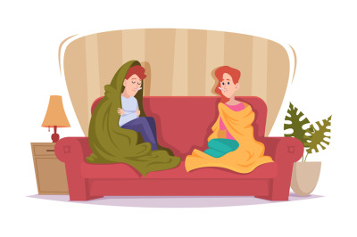 Person under blanket. Sick covered characters relaxing on sofa exact v