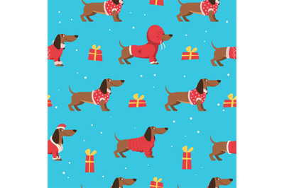 Dachshund pattern. Decorative template with happy xmas dogs in knitted