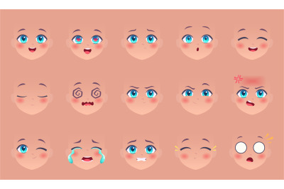 Anime faces. Manga eyes nose and lips funny expressions cartoon kawaii