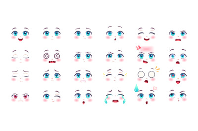 Anime expressions. Kawaii cute faces with eyes lips and nose cartoon a