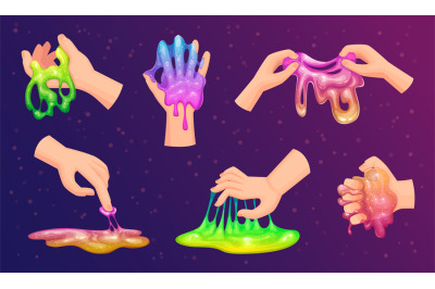 Slime in hands. Jelly colored squeeze game with colored liquid glue to