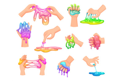 Liquid slime. Handy glue games squeeze colored toys in hands exact vec