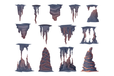 Stalagmite stones. Mountains natural rocks objects in cave exact vecto