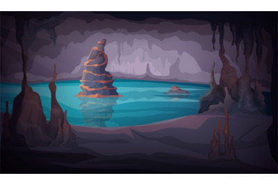 Dark stalagmite cave. Cartoon background with dripping stones indoor c