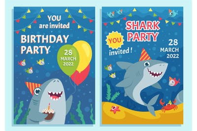 Invitation kids party. Print poster template with cute funny mascot ca