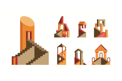 Abstract buildings. Maze houses with stairs multicolored stylized appa