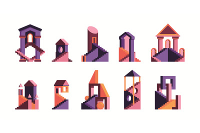 Maze houses. Multicolored flat geometrical abstract construction styli