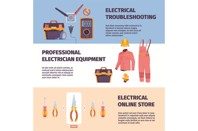 Electrician workers banners. Power energy engineers with repairing ele