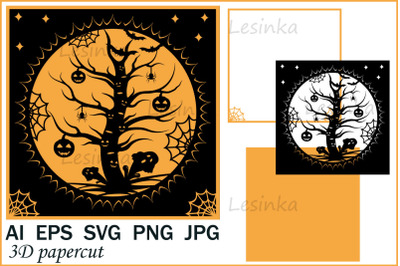 Papercut Template with Halloween Tree, Cricut Cutting file