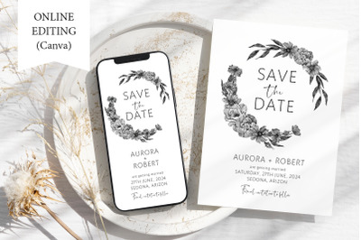 Electronic Floral Save The Date Invitation Phone Template Canva  Black