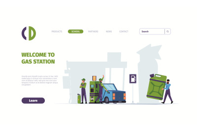 Gas station landing. Petrol car refill engine workers garish vector we