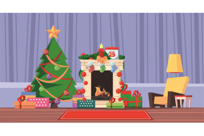 Fireplace. Celebration xmas decoration interior with cozy warm place b