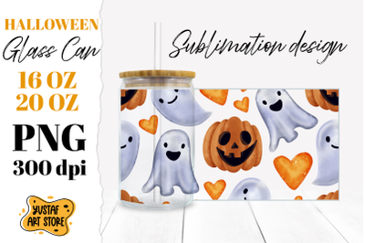 Halloween Glass Can sublimation design. Cute Ghost &amp; Pumpkin