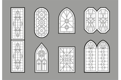 Church windows. Gothic architectural glasses with geometrical decorati