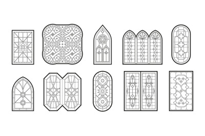 Gothic windows. Vertical geometrical big window frames with catholic m