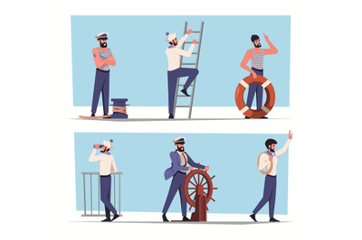 Sailors. Flat marine characters young captains and sailors in work pro