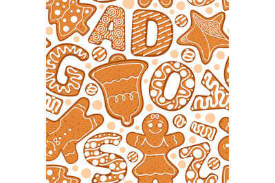 Xmas pattern. Decorative alphabet from cookies and gingerbread letters