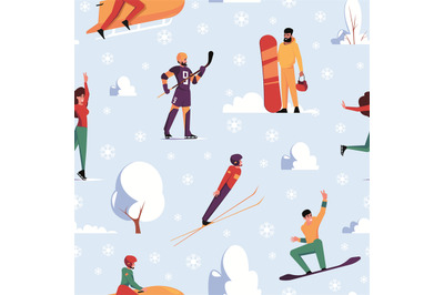 Winter sport pattern. Snowboarding skiing garish vector seamless backg