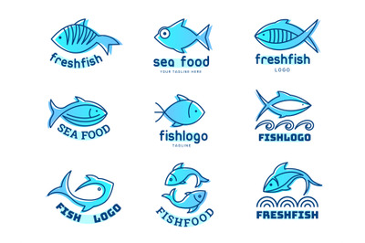 Fish logo. Stylized underwater animals icons identity for restaurant m