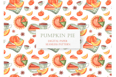 Pumpkin pie seamless pattern, digital paper. Watercolor. Thanksgiving