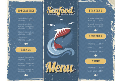 Seafood restaurant menu. Print templates with stylized pictures of und