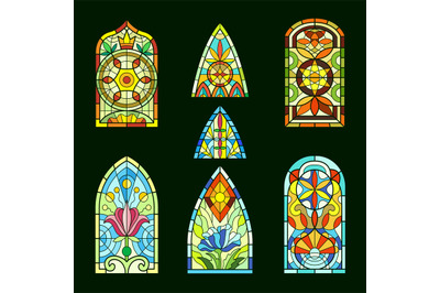 Stained glass windows. Church cathedral decorative transparent colored