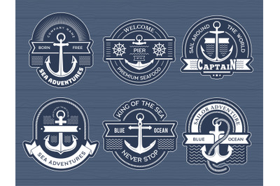 Anchor labels. Nautical adventure marine exploration symbols old grung