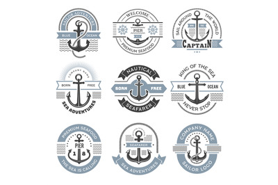 Nautical logo. Marine labels with anchors symbols for ocean exploratio