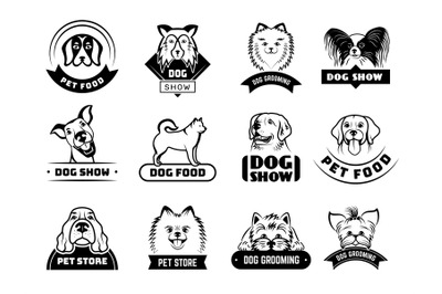 Dogs badges. Animals puppy domestic pets silhouettes stylized pictures