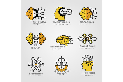 Intelligence logo. Brain and smart technologies symbols structural art