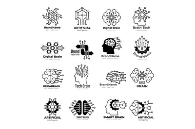 Smart brain logo. Intelligence mains dots digitize symbols robot and c