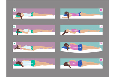 Sleeping poses. Bad and correct anatomy for laying on couch body posit