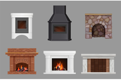 Fireplaces. Brick decorative chimney with fire modern interior decorat