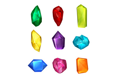 Realistic jewel. Colorful transparent shiny gem stones decent vector c