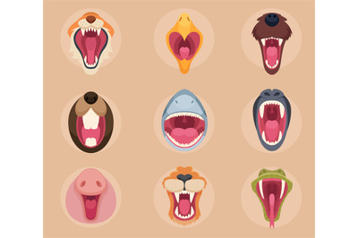 Animals mouth. Teeth and tongue of angry wild animals snakes cute bear