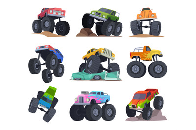 Monster trucks. Sport colored transport with big aggressive heavy whee