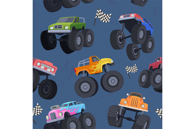 Monster truck pattern. Textile template illustrations with big wheel c