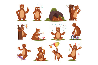 Funny bear. Cartoon bear mammals in action poses exact vector comic se